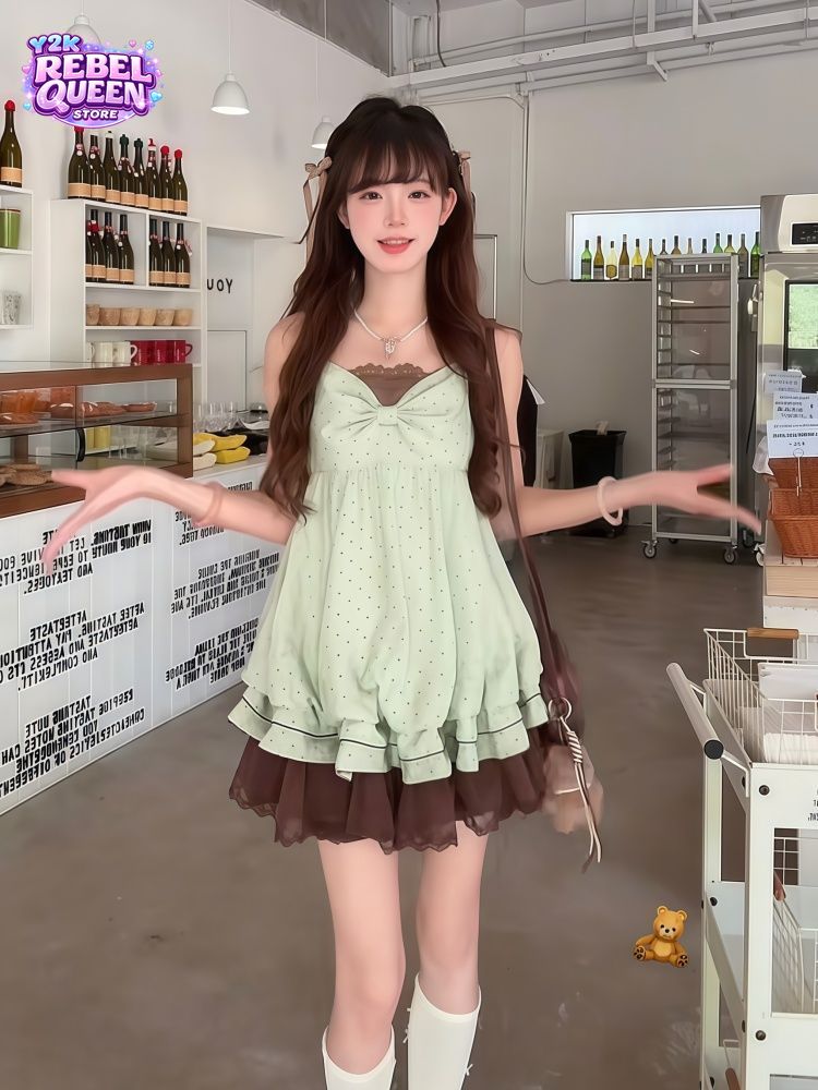 Elastic Lace Trim - ชุดเดรสสายเดี่ยวลายจุดสไตล์เกาหลีหวานๆ สำหรับผู้หญิง แต่งลูกไม้ โบว์ ระบายชายกระโปรงทรงบับเบิ้ล ทรงเข้ารูป
